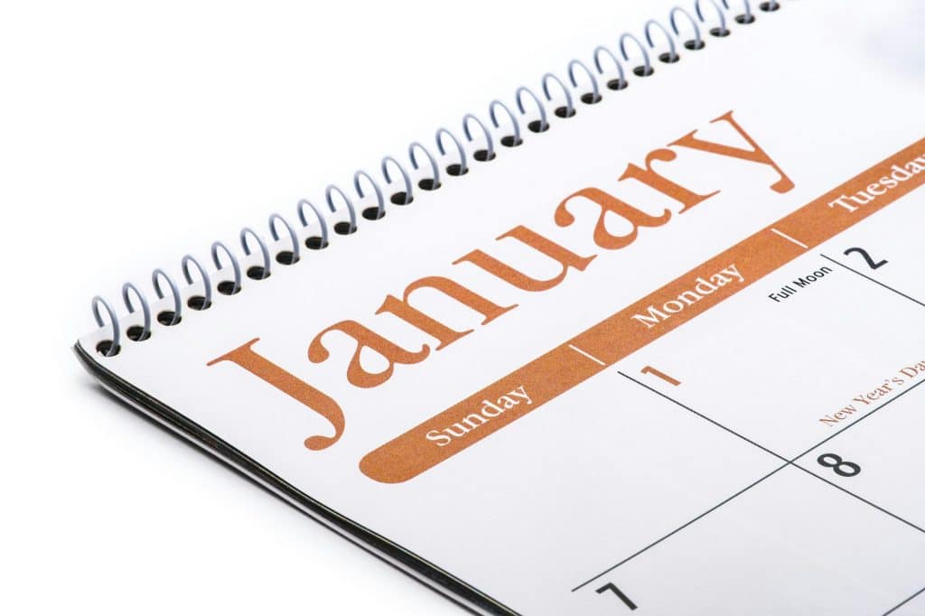 Month of January as written on a calendar